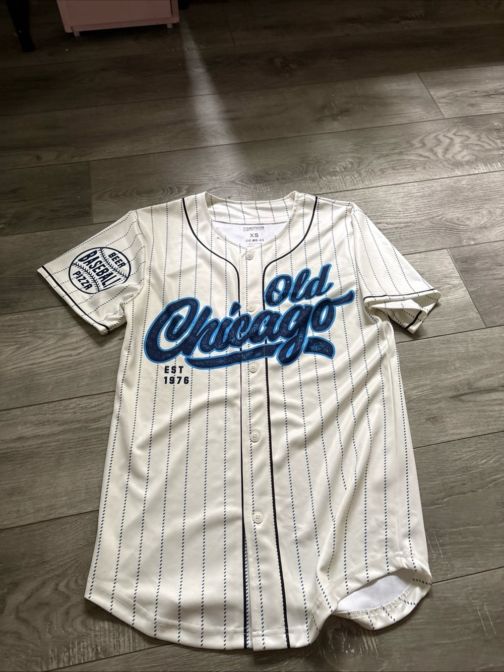 Gear For Sports White Pinstripe "Old Chicago" Baseball Jersey with Blue Script